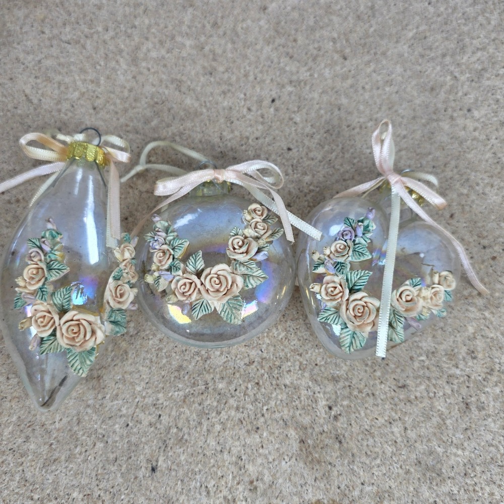 Set of 3 Iridescent Glass Floral Christmas Ornaments Roses Shabby Chic Victorian